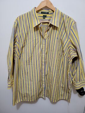 Lauren Ralph Lauren Yellow Striped Womens Button-Down Shirt 3/4 Sleeves 3X